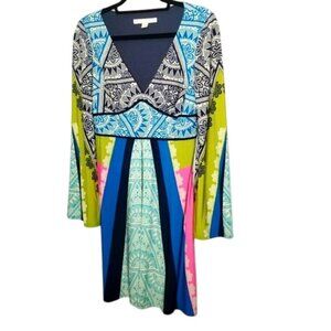 Boston Proper Multicolor Boho-Inspired Long Sleeve V-Neck Dress Size 6 Polyester